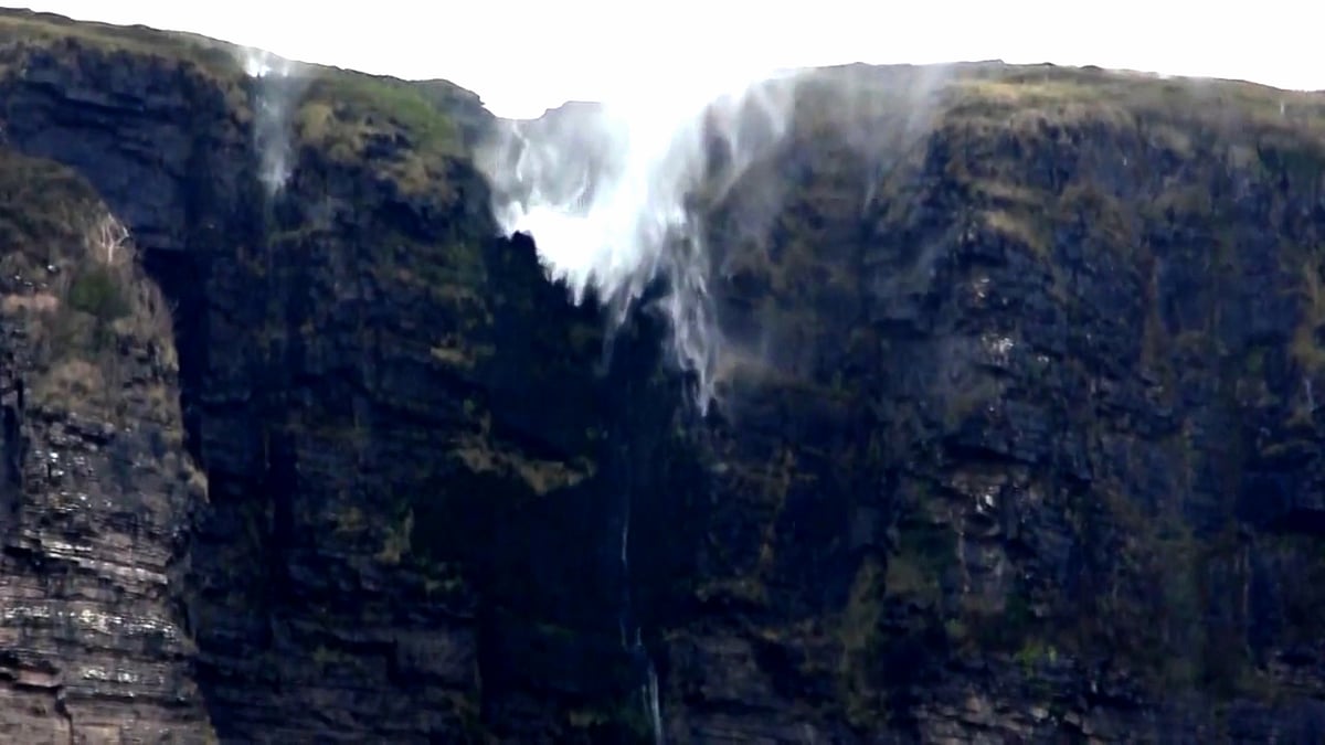 Water shoots back up in the air during Storm Desmond in Ireland. (Photo: AP screengrab)