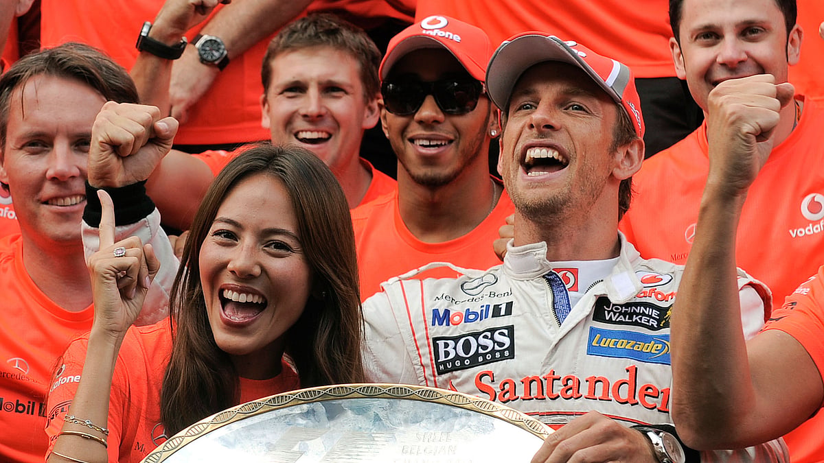 File picture of Jenson Button celebrating a Belgian GP victory with his then girlfriend Japanese-Argentine model Jessica Michibata. (Photo: Reuters)