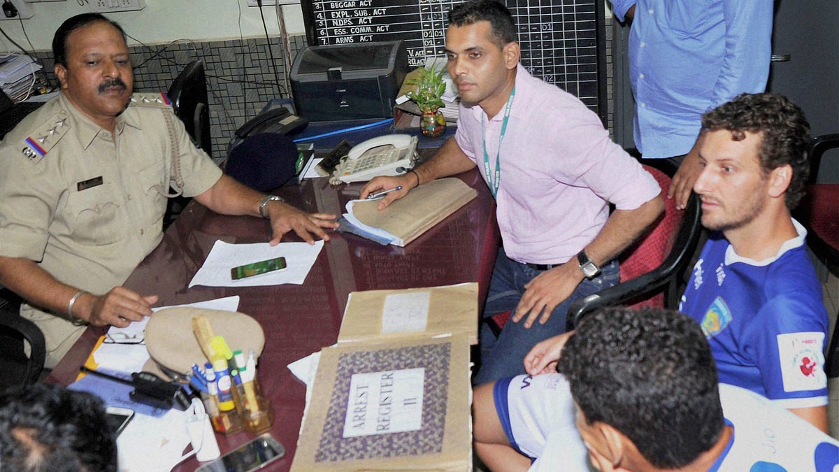 Margao : Police arrested Elano Blumer (Brazil), marquee player of Chennaiyin FC as he allegedly assaulted Dattaraj Salgaocar, the co owner of FC Goa. (Photo: PTI)