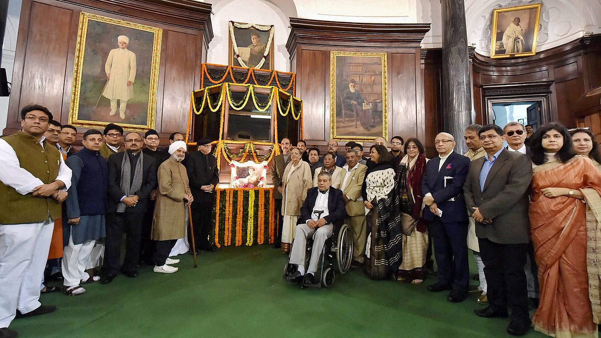Senior BJP leader L K Advani and a few other MPs seen alongside members of Netaji Subhash Chandra Bose’s family during a function to pay tribute to the freedom fighter on his 119th birth anniversary at the Central Hall of Parliament house in New Delhi on Saturday. (Photo: PTI)