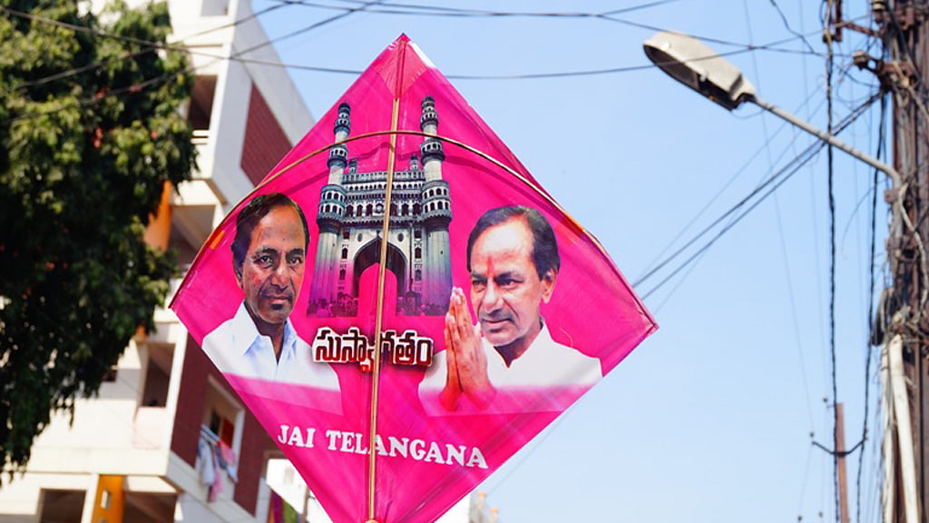 The Telangana CM’s picture adorning bright pink kites. (Photo Courtesy: The News Minute)