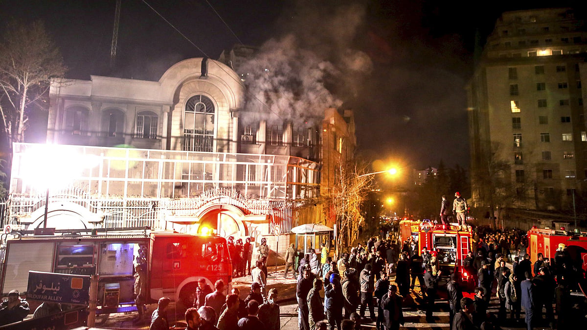 Flames rise from Saudi Arabia’s embassy during a demonstration in Tehran January 2. (Photo: Reuters)