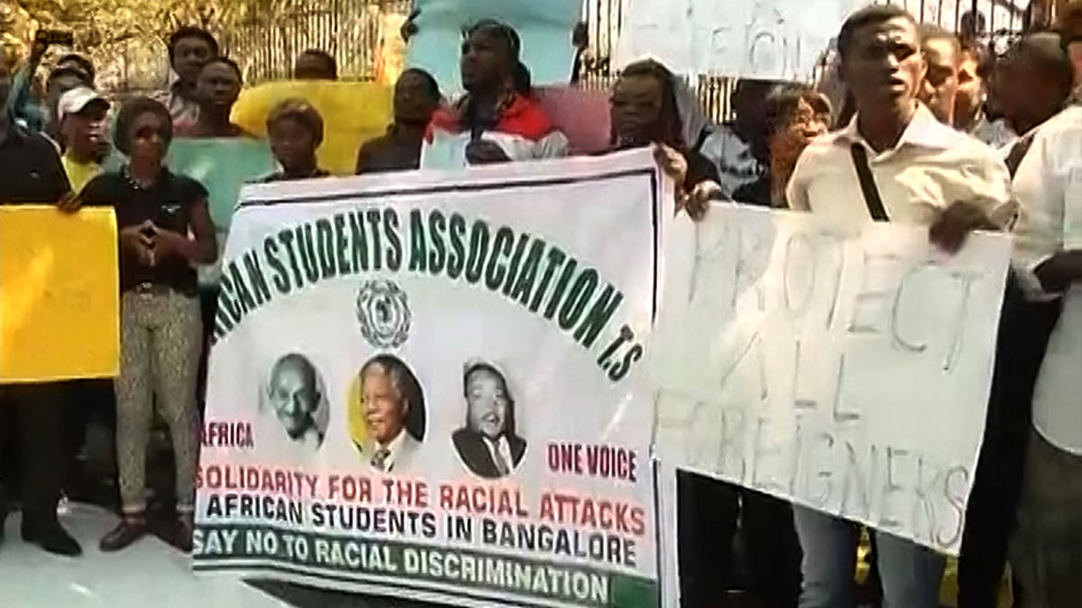 African students protesting against the recent “racial” attacks against them in Bengaluru and Hyderabad. (Photo: ANI screengrab)