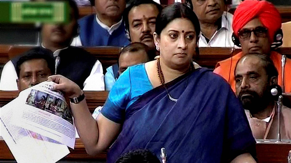HRD Minister Smriti Irani speaks in the Lok Sabha in New Delhi on Wednesday. (Photo: PTI)