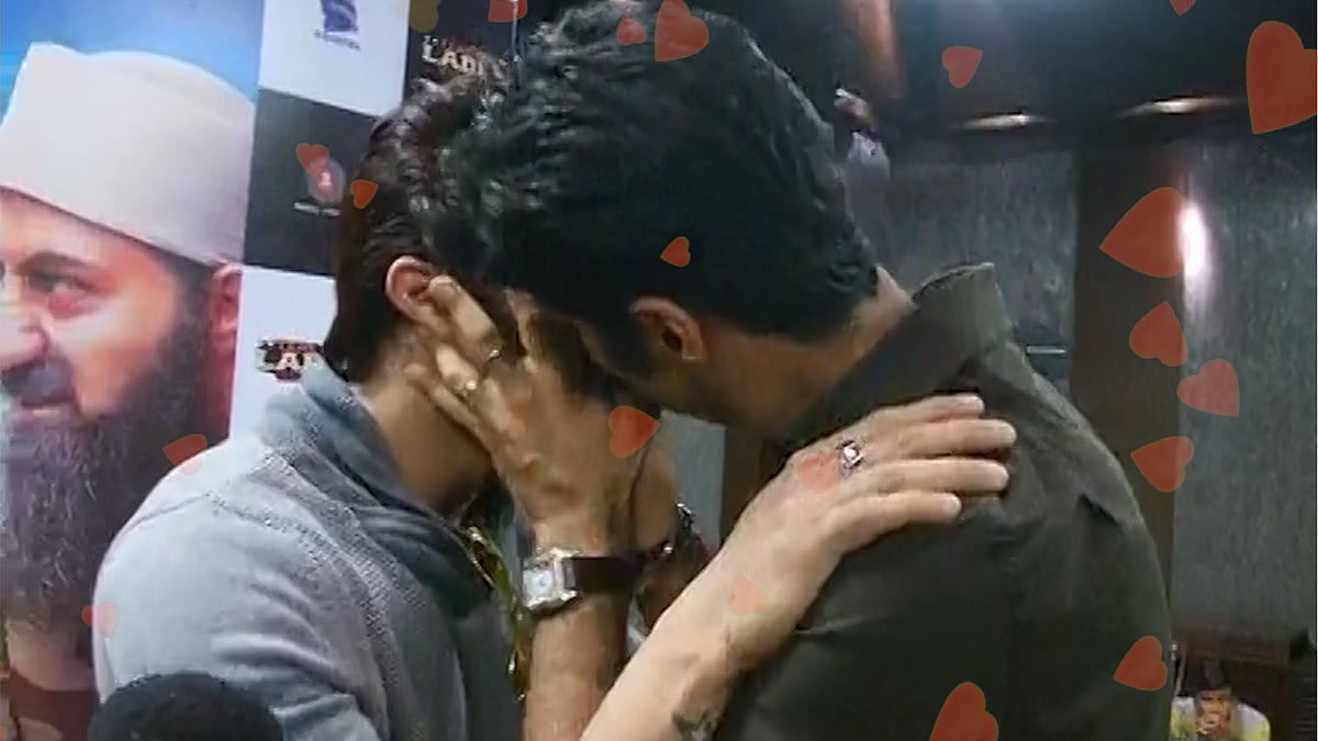 Manish Paul and Sikander Kher fake a lip-lock. (Photo: ANI screengrab) 