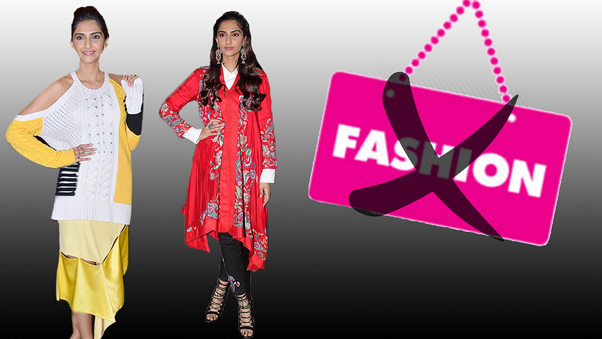 Sonam Kapoor makes two consecutive fashion blunders while promoting <i>Neerja</i> (Photos: Yogen Shah, altered by the Quint)