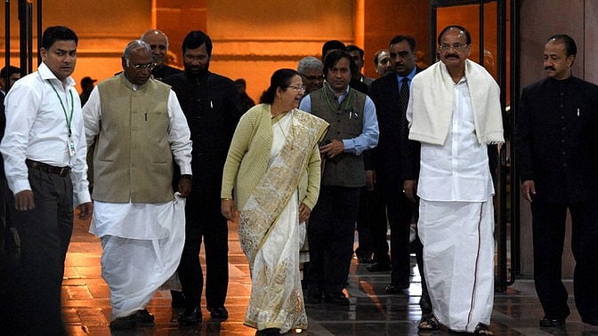 

Congress leaders Mallikarjun Kharge, Lok Sabha Speaker Sumitra Mahajan, and Parliamentary Affairs Minister M Venkaiah Naidu (left to right) arrive for an All Party Meeting in New Delhi on Monday, 22 February 2016. (Photo: PTI)