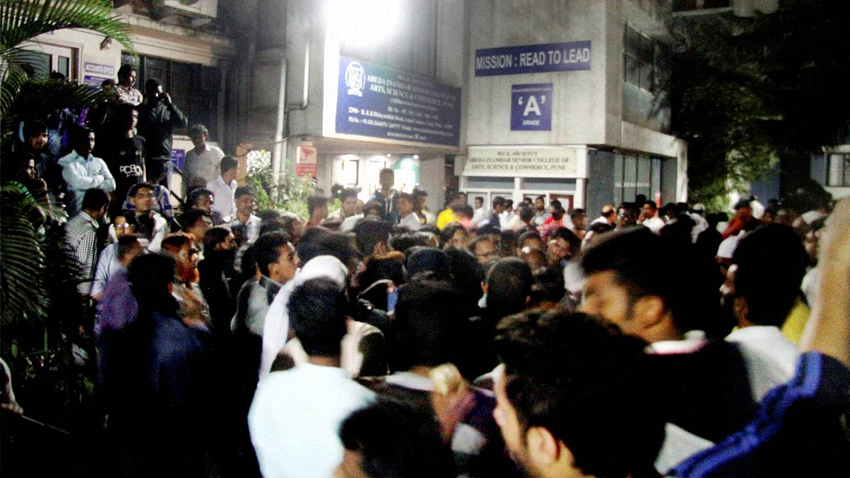 Relatives gathered at Pune college after 14 students were feared drowned at Murud Janjira beach near Alibaug in Raigad district on Monday. (Photo: PTI)
