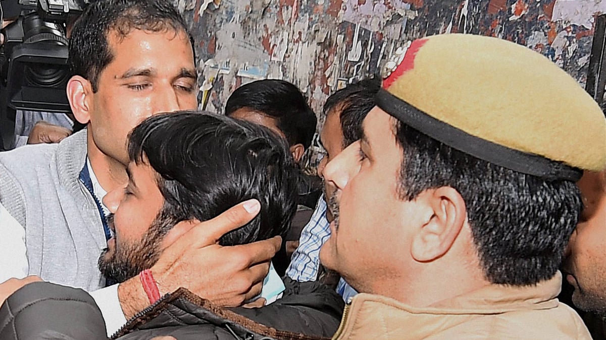 JNUSU President Kanhaiya Kumar, arrested on charges of
sedition, being produced at Patiala House Courts on Wednesday. (Photo: PTI) 