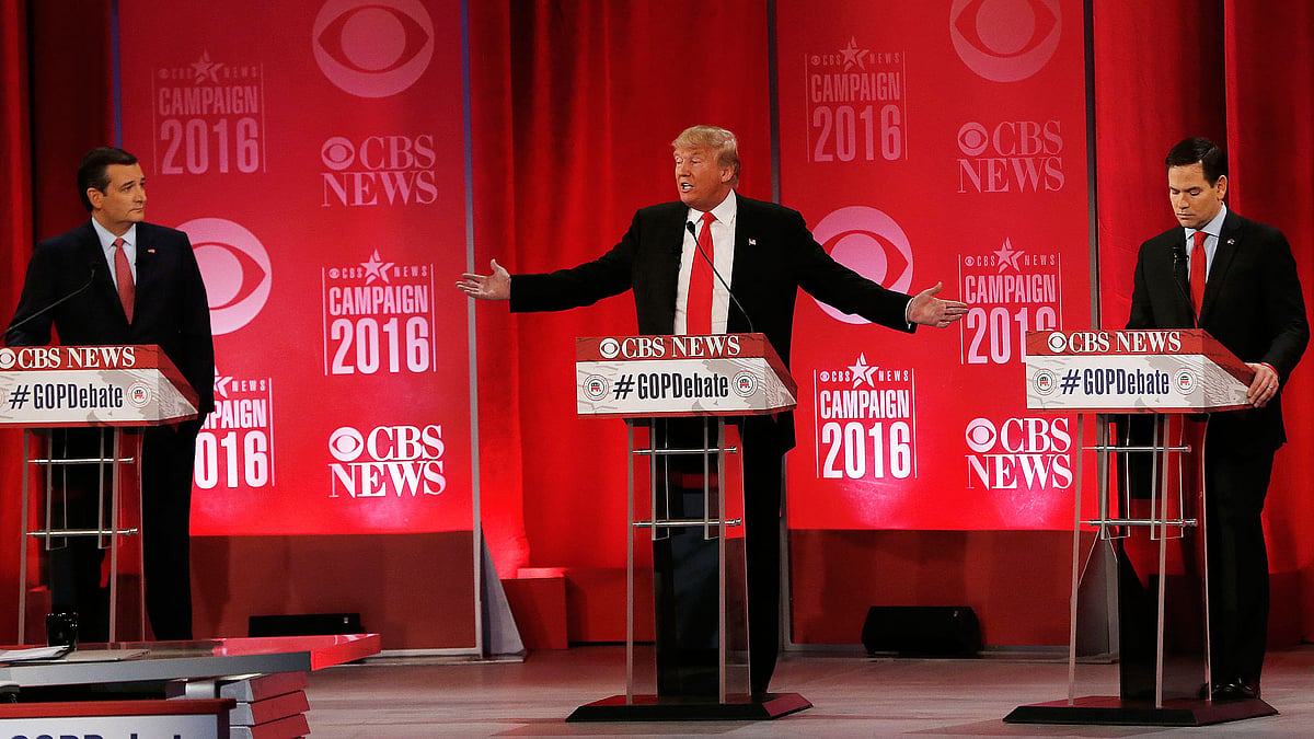 Republican presidential candidates Donald Trump, Ted Cruz (L) and Marco Rubio, (R) during the CBS News Republican presidential debate at the Peace Center. (Photo: AP)