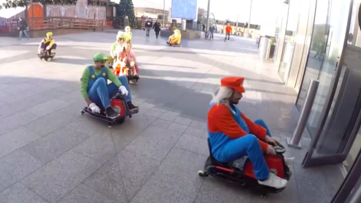 A group of friends organised a real-life Mario Kart race in a British shopping mall. (Photo: AP/Caters TV screengrab)
