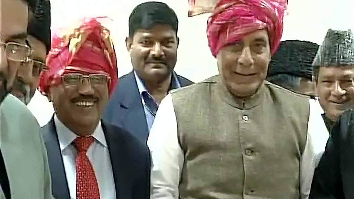 Rajnath Singh (right) and NSA Ajit Doval at the meeting. (Photo: ANI)