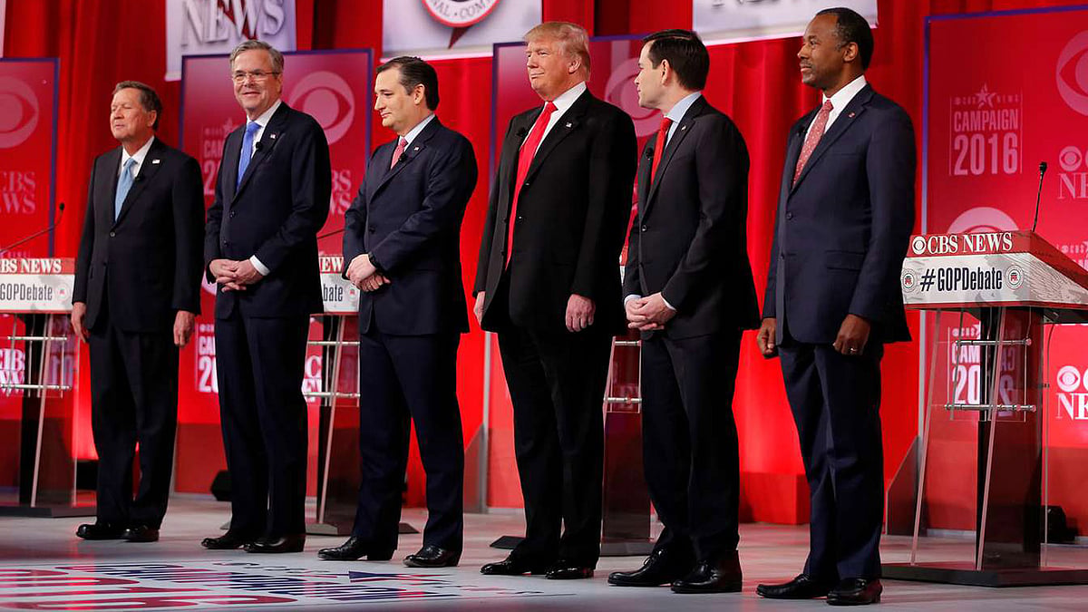 Republican presidential candidates from left to right, Ohio Governor John Kasich, former Florida Gov Jeb Bush (withdrawn), Senator Ted Cruz, Donald Trump, Senator Marco Rubio and Ben Carson. (Photo: AP)