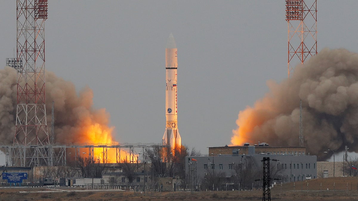 The Proton-M rocket booster blasts off at the Russian leased Baikonur cosmodrome, Kazakhstan. (Photo: AP)