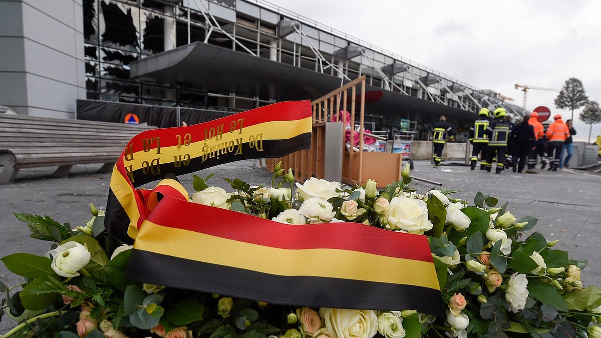 A wreath placed in front of the damaged Zaventem Airport terminal in Brussels on Wednesday, March 23, 2016. (Photo: AP)