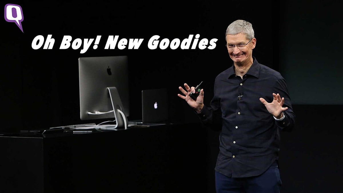 Apple’s CEO, Tim Cook is all set for new Apple goodies, are you? (Photo: Reuters/Altered by <b>The Quint</b>)