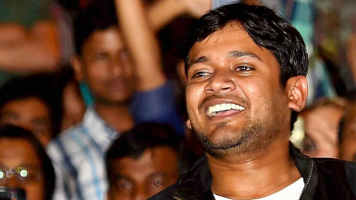 JNUSU President Kanhaiya Kumar addresses students after reaching at the JNU campus upon his release on bail, in New Delhi on Thursday. (Photo: PTI)
