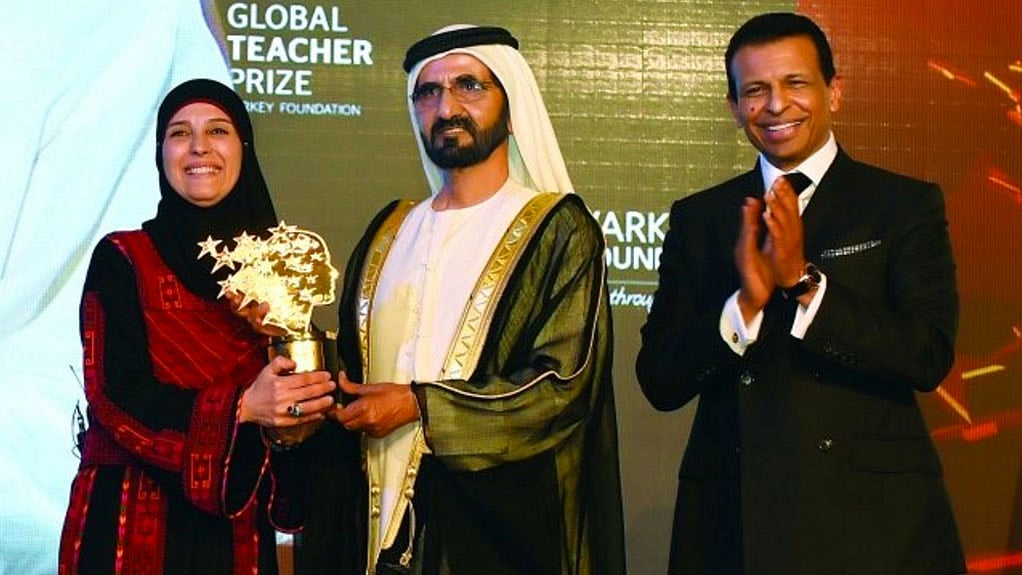 Palestinian woman Hanan al-Hroub won the Global Teacher Prize for teaching non-violence to children. (Photo: AP screengrab)