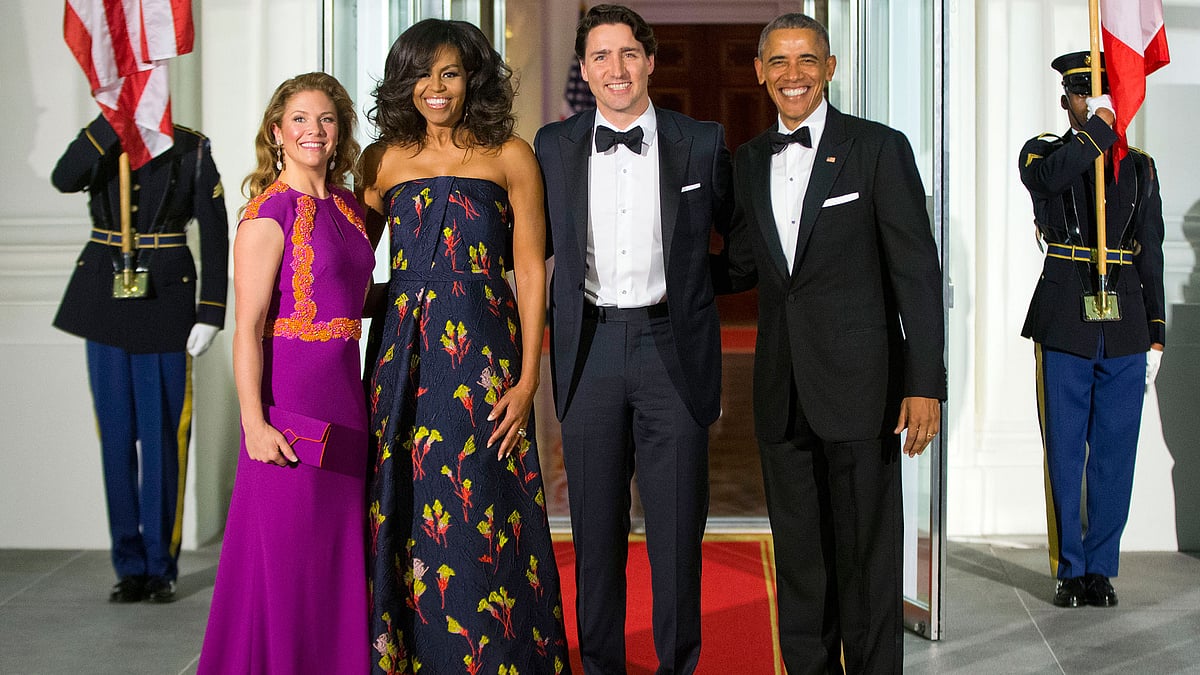 The Trudeaus and Obamas before making their way to the State Dinner. (Photo: AP)
