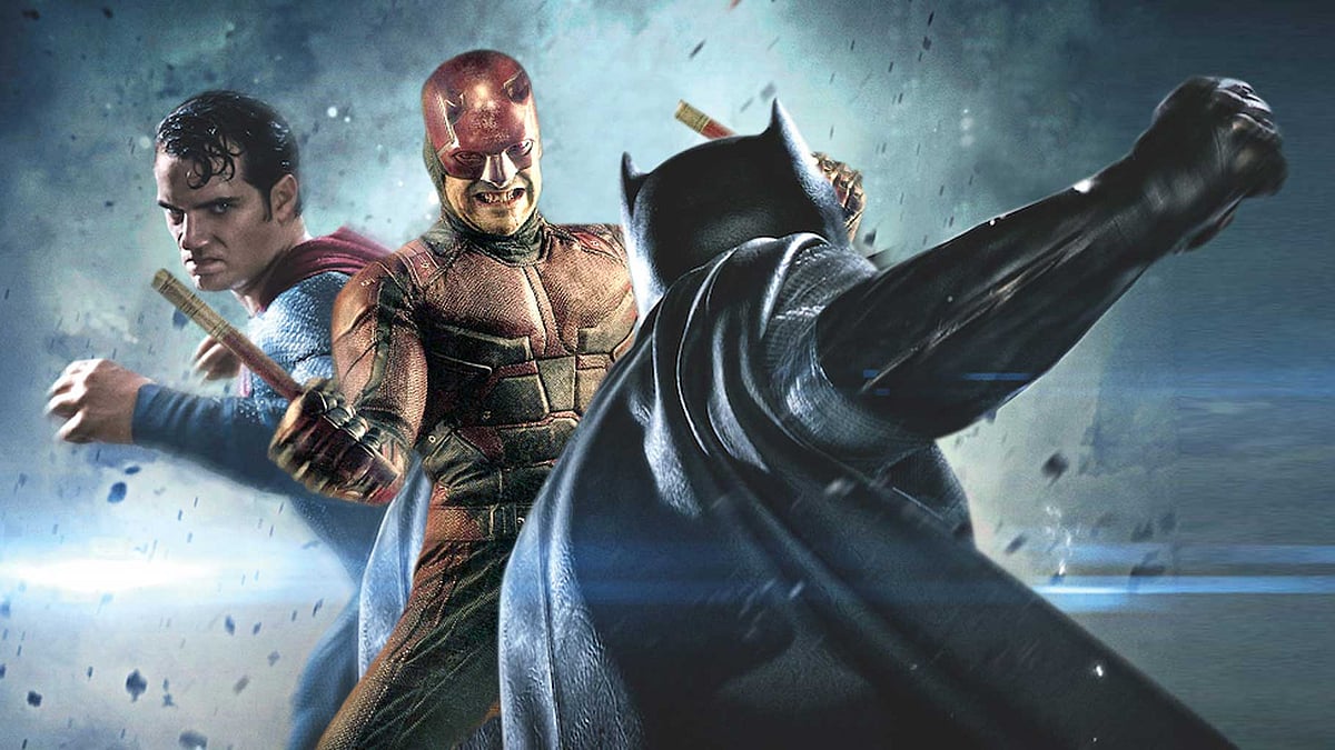 Daredevil clearly wins this round in a battle with Superman and Batman