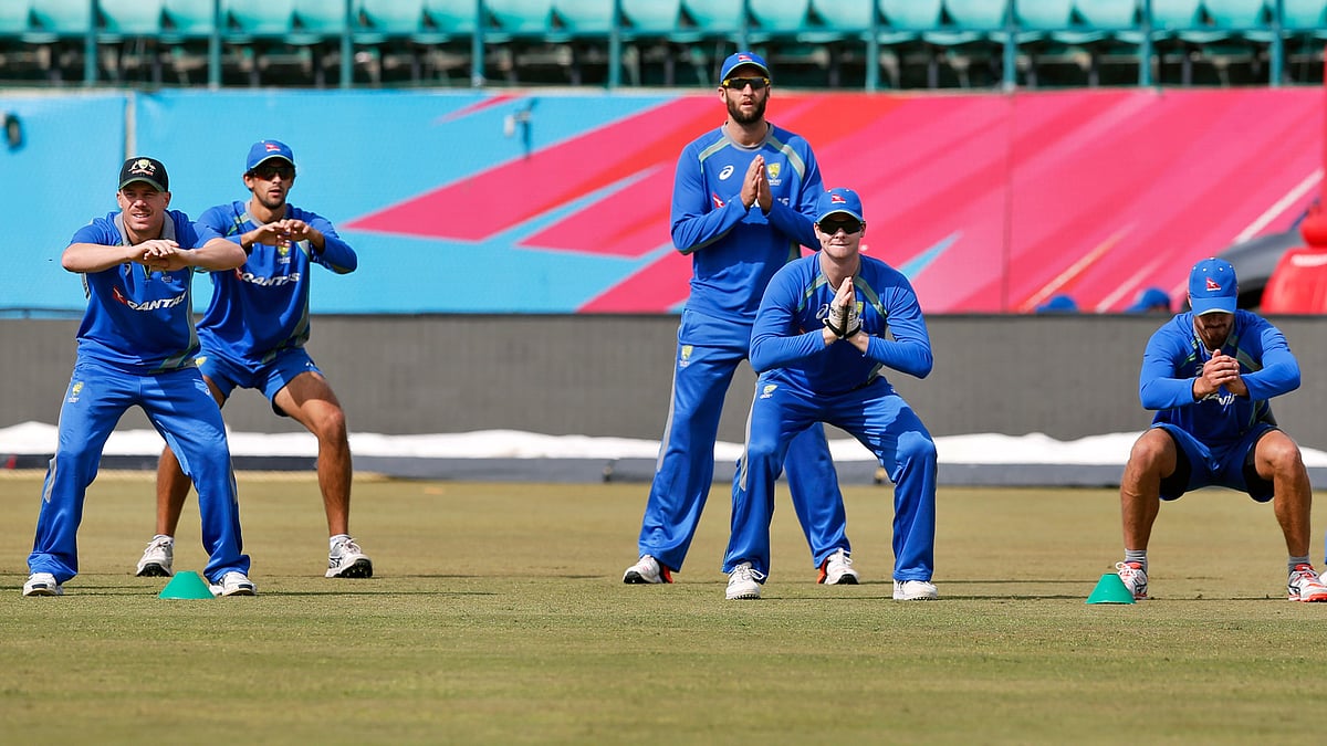 Australian team practices ahead of its match against New Zealand during the ICC World Twenty20. (Photo: AP)