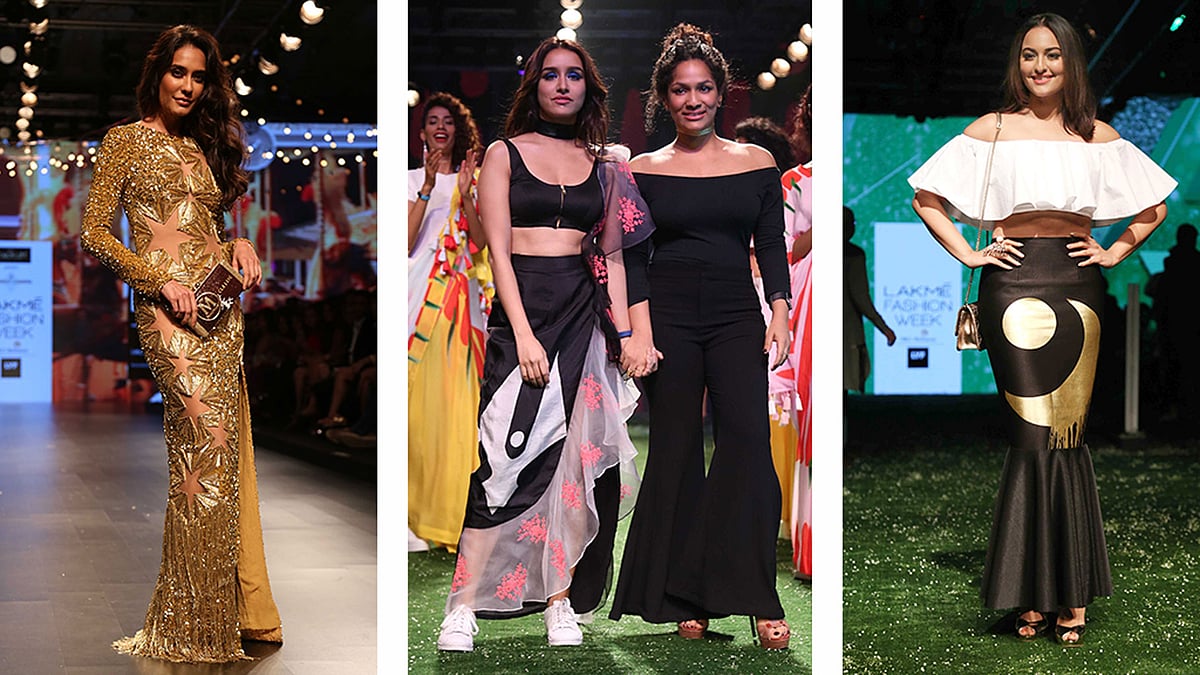 Lisa Haydon, Shraddha Kapoor along with Masaba and Sonakshi Sinha pose on the runway. (Photos: Yogen Shah)