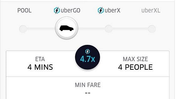 Uber asking for a surge charge of 4.7 times the normal rate. (Photo Courtesy: Twitter/<a href="https://twitter.com/buzzindelhi/status/721971457849339904">@buzzindelhi</a>)