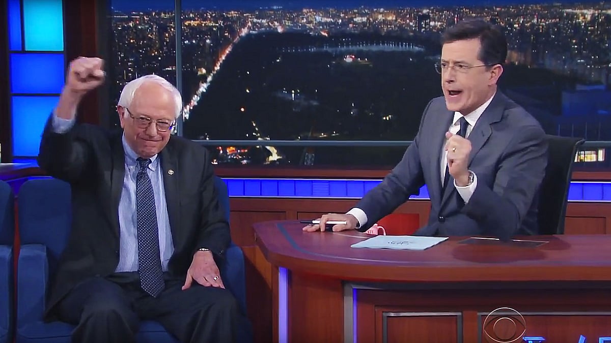 Bernie Sanders was a surprise guest on <i>Late Show With Stephen Colbert. </i>(Photo Courtesy: <a href="https://www.youtube.com/watch?v=faXLfQABEiQ">YouTube/The Late Show with Stephen Colbert</a>)