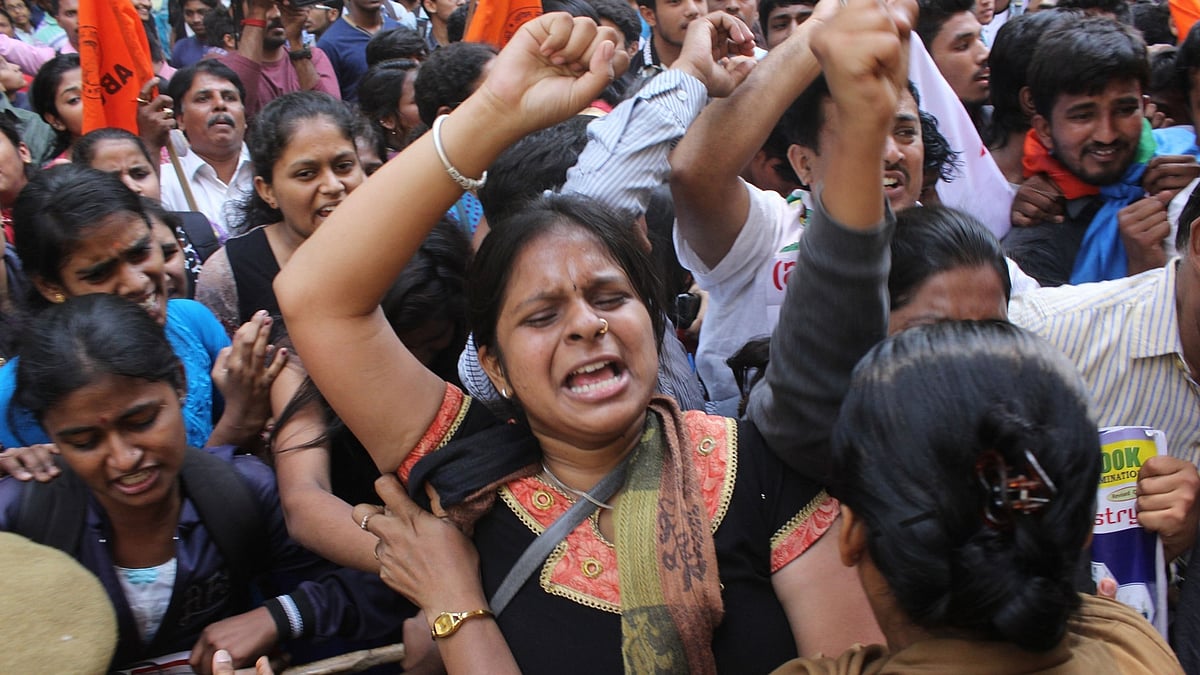 File photo of students protesting against the chemistry paper leak.(Photo: IANS)