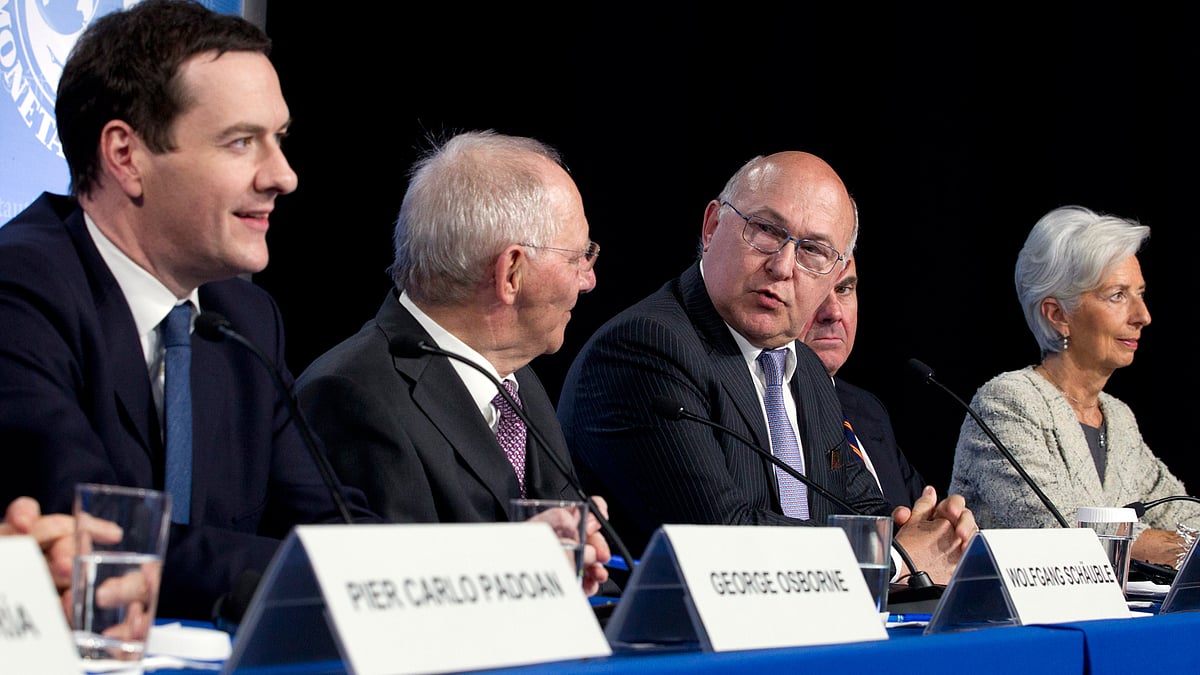 French finance minister Michel Sapin (left), Britain’s Chancellor of the Exchequer George Osborne, German Finance Minister Wolfgang Schaeuble, Spanish Economy Minister Luis de Guindos and International Monetary Fund (IMF) Managing Director Christine Lagarde at the World Bank/IMF Spring Meetings in Washington, Thursday, April 14, 2016. (Photo: AP)