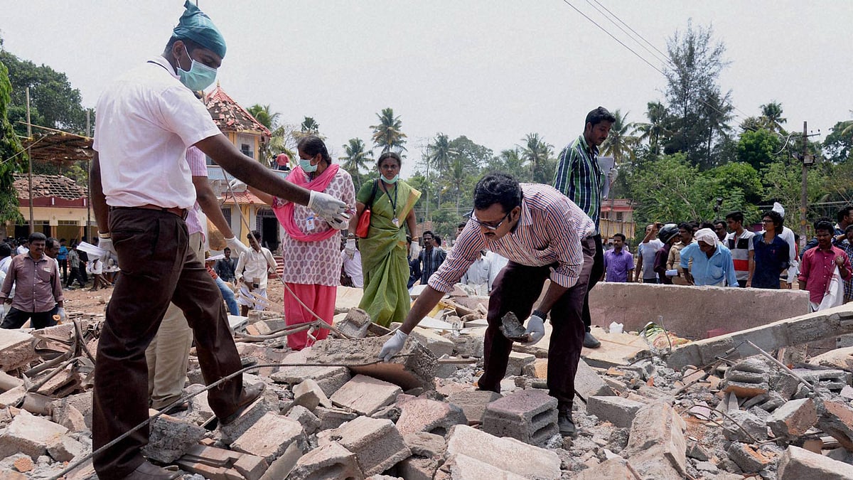 

A view of a collapsed building after a massive fire broke out during a fireworks display in Paravoor north of Thiruvananthapuram, in Kerala (Photo: PTI)