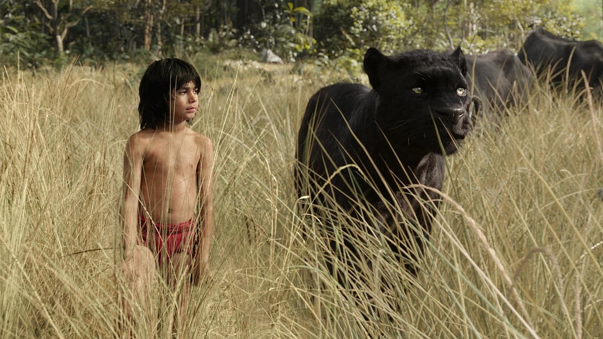 Neel Sethi and Bagheera in a scene from The Jungle Book.