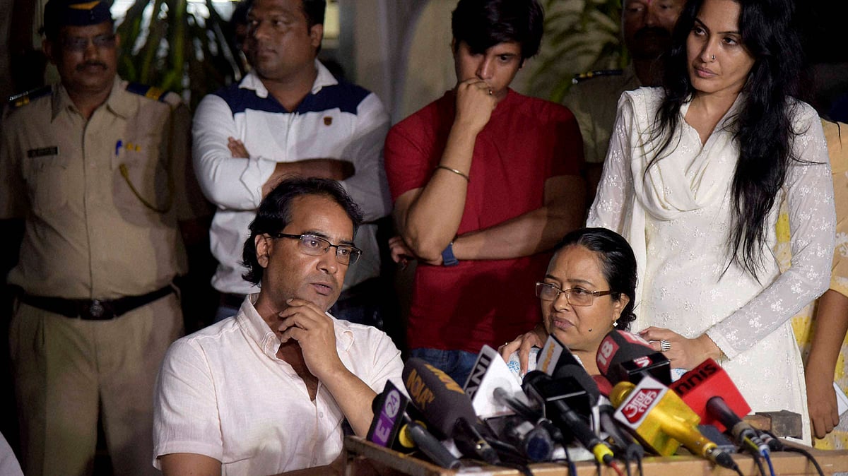 Parents of Pratyusha Banerjee, Soma and Shankar Banerjee addressing a press conference in Mumbai on Tuesday. (Photo: PTI) 