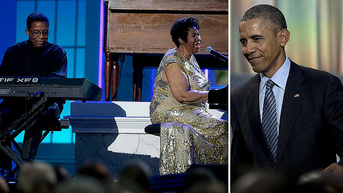 Herbie Hancock  and Aretha Franklin, perform at the International Jazz Day Concert.  President Barack Obama walks to his seat after speaking at the International Jazz Day Concert (right). (Photo: AP)