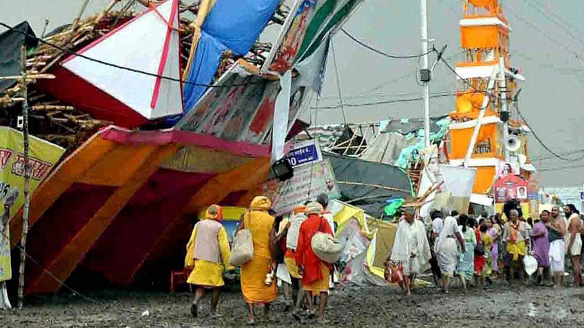 A view of damaged pandals after heavy rains and storm during Simhashta Maha Kumbh Mela in Ujjain, Madhya Pradesh on Thursday. (Photo: PTI)