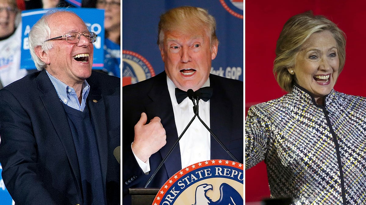 From left to right: Bernie Sanders (D), Donald Trump (R) and Hillary Clinton (R). (Photo: Reuters/AP/<b>The Quint</b>)