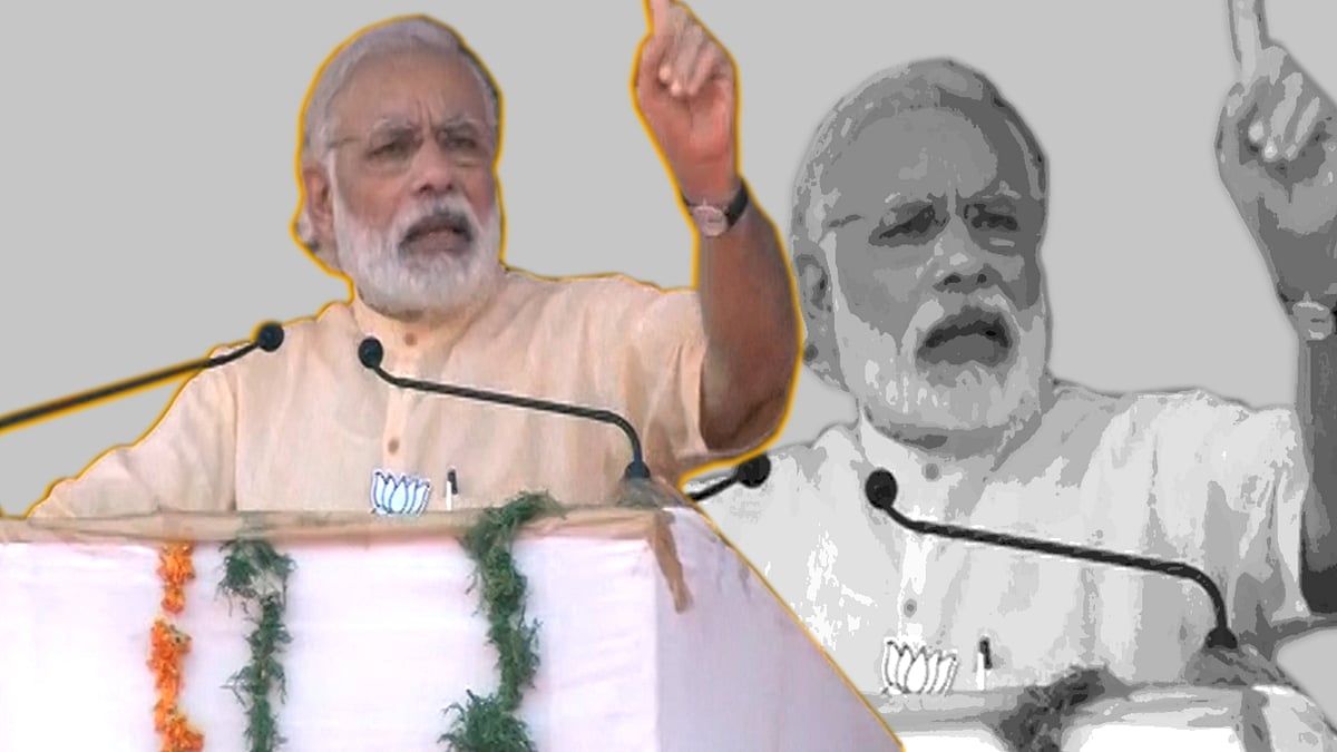 Prime Minister Narendra Modi addressing an election rally in Palakkad, Kerala on Friday. (Photo: ANI screengrab/altered by <b>The Quint</b>)