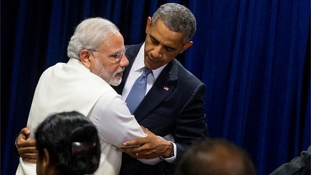 Prime Minister Narendra Modi reaches out to embrace US president Barack Obama following a bilateral meeting at United Nations headquarters. (Photo: AP)