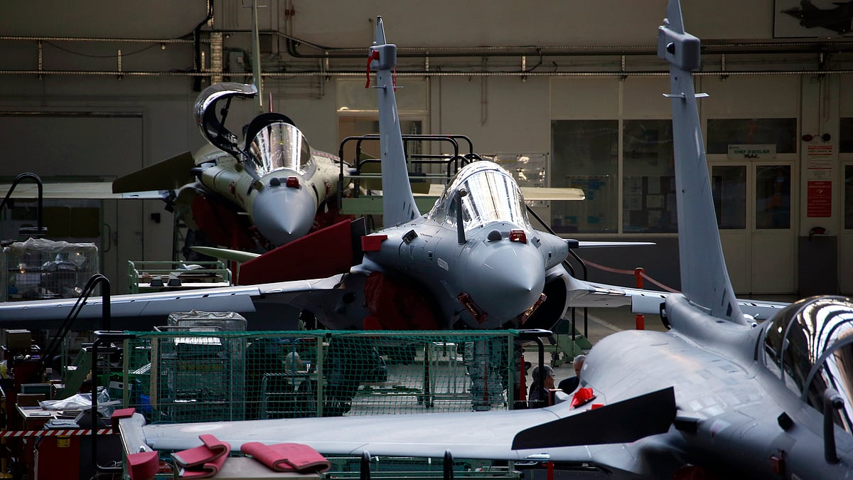 View of the assembly line of the Rafale jet fighter, in the factory of French aircraft manufacturer Dassault Aviation, in Merignac near Bordeaux, southwestern France. 