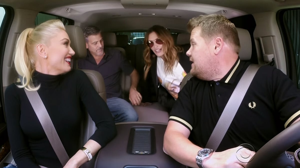 Gwen Stefani, George Clooney and Julia Roberts croon to ‘Hollaback Girl’ in the latest Carpool Karaoke segment of The Late Late show with James Corden.
