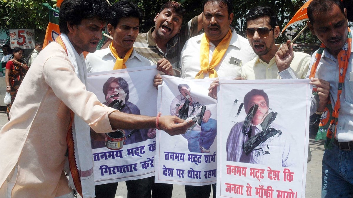 BJP workers stage a demonstration against All India Bakchod (AIB) co-founder/creator Tanmay Bhat in Patna on 31 May 2016. (Photo: IANS)