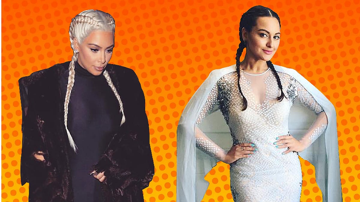Kim Kardashian (L) and Sonakshi Sinha in boxer braids. (Photo: <a href="https://www.instagram.com/kimkardashian/">Instagram/KimKardashian</a> and <a href="https://www.facebook.com/sonakshisinhaofficial/photos/a.488744464700.265841.179332204700/10154364325634701/?type=3&theater">Facebook/SonakshiSinha</a>)