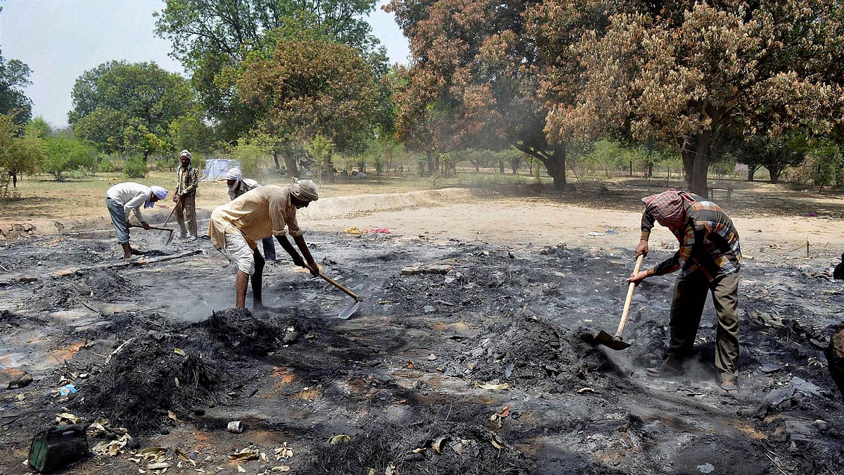 Workers clearing the ashes inside the clash-hit Jawahar Bagh in Mathura on Tuesday. (Photo: PTI)
