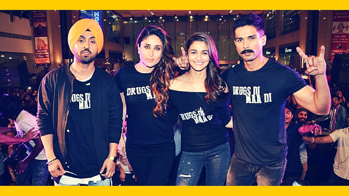 Diljit Dosanjh, Kareena Kapoor, Alia Bhatt and Shahid Kapoor at a promotional event for <i>Udta Punjab</i> (Photo: Yogen Shah; altered by The Quint)