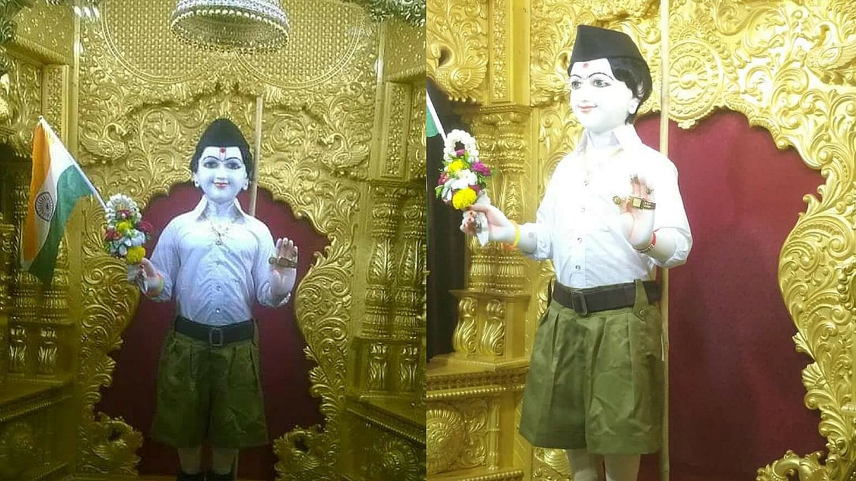Lord Swaminarayan in Sangh’s uniform. (Photo: Courtesy: <a href="https://www.facebook.com/photo.php?fbid=1089898444416159&set=a.596704687068873.1073741826.100001880427844&type=3&theater">Facebook</a>/<a href="https://twitter.com/treatednickel/status/740136444748914688">Twitter</a>)