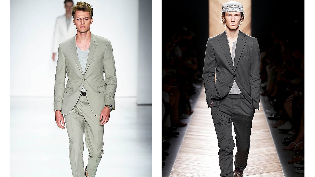 Left: Model wearing a cotton suit from the Todd Snyder S/S ‘16 runway show. Right: Model wearing a gray cotton suit from the Bottega Veneta S/S ‘16 runway show. (Photo: Bloomberg)