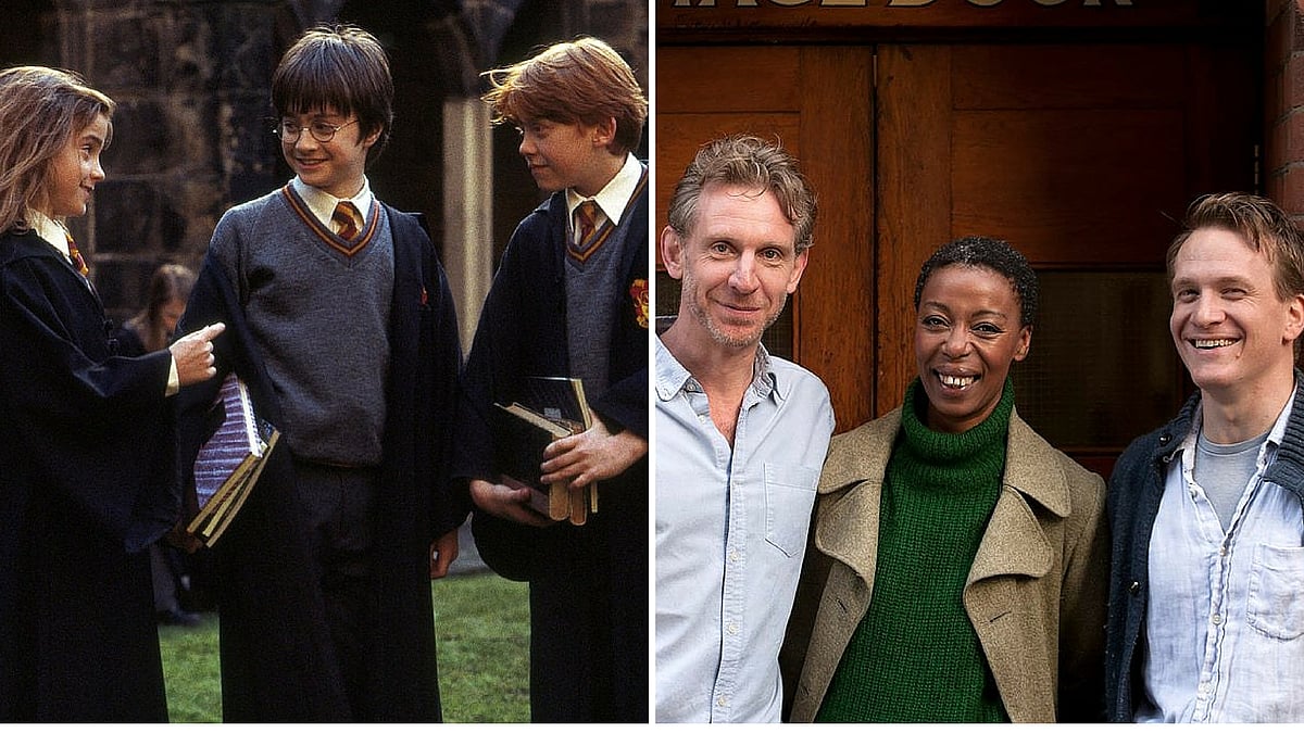 The trio is together again: Harry Potter, Ron Weasley and Hermione Granger [Photo Courtesy: <a href="https://www.facebook.com/harrypottermovie/photos">Facebook/HarryPotterMovie</a> (L), <a href="https://www.facebook.com/HPPlayLDN/">Facebook/HPPlayLDN</a> (R)]