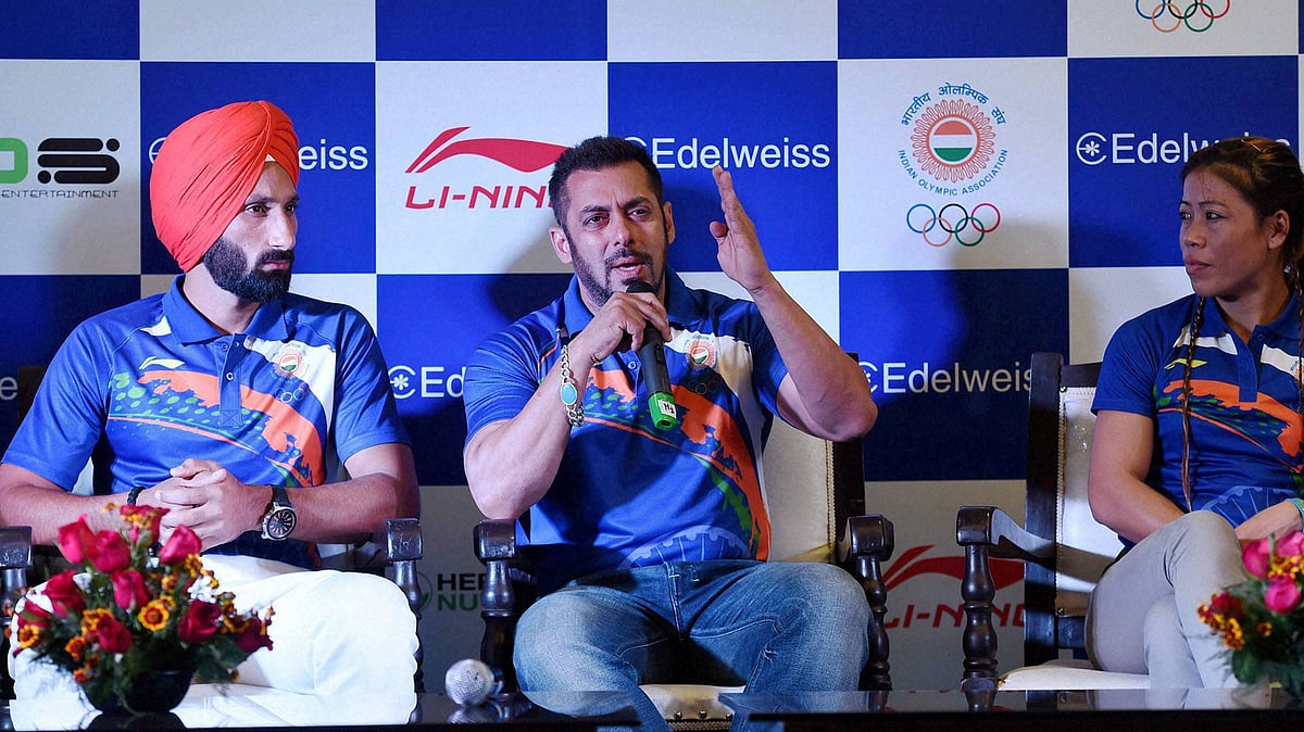 Salman Khan with boxer MC Mary Kom and hockey captain Sardar Singh during a function where the actor was announced as Goodwill Ambassador of Indian contingent for Rio Olympics 2016, in New Delhi on Saturday. (File Photo: PTI)