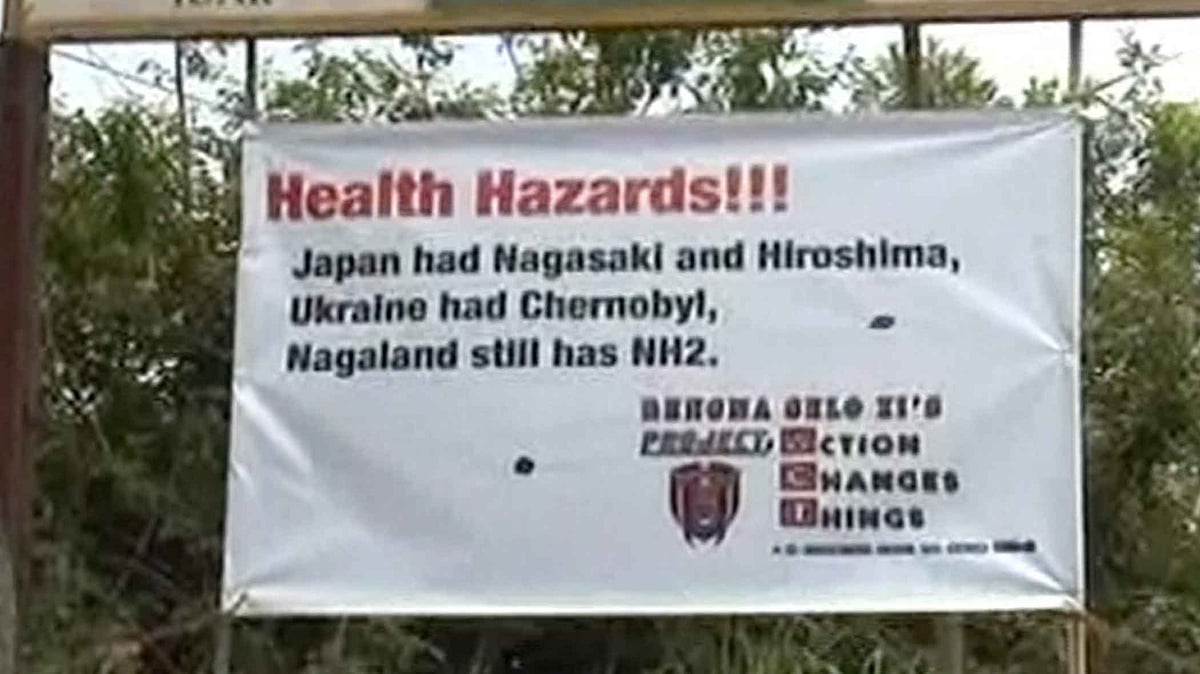 A poster put out by Rengma Selo Zi agaisnt bad condition of NH2 in Nagaland. (Photo: ANI Screengrab)