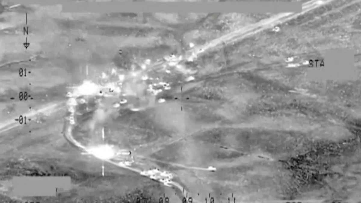 Iraq’s Ministry of Defence released footage showing an airstrike on an ISIS convoy. (Photo: AP screengrab)&nbsp;